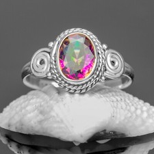 925 Sterling Silver Mystic Fire Topaz Facet Cut Gemstone Ring Boxed