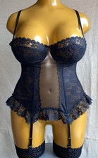 Frillys Vintage Suspender Basque, Black Glossy Nylon, Sheer Mesh & Lace, UK 38C