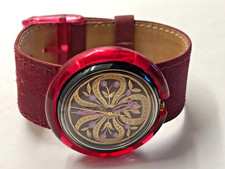 Swatch POP Watch Vintage 1995 Floral Dial Burgundy Strap Swiss Made, New Batt.