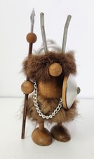 Vintage Wooden Viking, Mid Century, Fur, Shield, Figurine, Figure, Wood