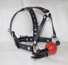 Real Leather LOCKING PONY PLAY 48mm RED BALL GAG bdsm HEAD HARNESS bit ballgag