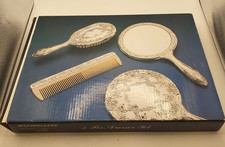 3 Piece Silver Plated Dresser Comb Mirror Brush Set  Boxed (H17)