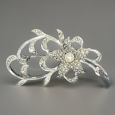 Marcasite Spray Brooch Vintage Silver Tone Faux Pearl Flower Pin Retro