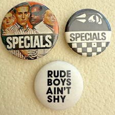 THE SPECIALS  /  RUDE BOYS  SKA , original  , vintage PIN BADGES  x  3 .