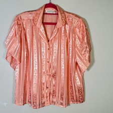Shiny Satin Vintage Blouse Size 14 Short Sleeves Pink Button Up 