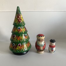 Russian 3 piece 5" Christmas Tree Wooden Nesting Dolls Santa Snowman Vintage