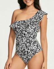 Figleaves Florence Swimsuit Size 8 Long Black Floral Frilled Padded One Shoulder
