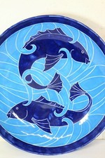 Art Deco Vintage Studio Pottery Large Bowl  Stylised Blue Fish Design