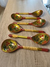 Vintage Russian Painted Wooden Spoon X 6 Length 20cm Approx