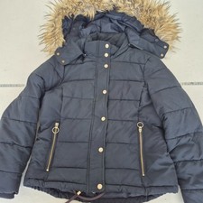 TOPSHOP Jacket 12 Navy Womens Parka Coat Padded Short Hooded Detachable Fur trim