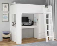 White Wood Finish High Sleeper Kids Bed Frame,Desk,Drawers,Wardrobe Storage
