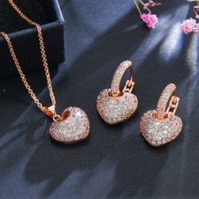 Rose Gold Plated Heart Pendant Necklace Earring Women Cubic Zirconia Jewelry Set