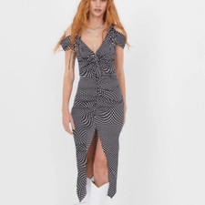 For Love and Lemons Black and White Polka Dot Ruched Midi Cocktail Dress| M