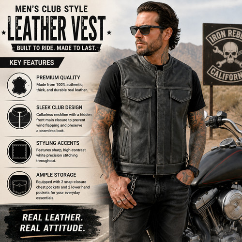 Men real leather biker - real, vest
