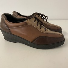 Rohde Brown Gold Slip On Leather Lace Up Low Wedge Heel Shoes Size 4 37