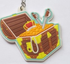 Vintage Keyring plastic flat Pirate Ship brown  Treasure chest Gold Pearls Jewel