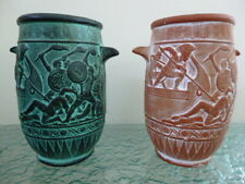 2 Vintage Pottery Greek Urn Ornaments Battle Scenes in Black/Green & Terracotta 