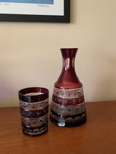 Vintage Bohemian Ruby Cut to Clear Glass Bedside Water Carafe and Glass