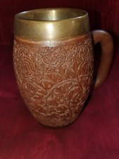 Carved German Wooden Stein with Brass Inner