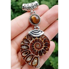Large Ammonite Fossil And Amethyst Pendant On Silver Plated Snake Chain Necklace
