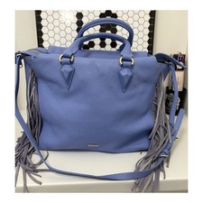 Pinko Luxury Blue Leather Fringed Tote Large Adjustable Strap Silver Hardware