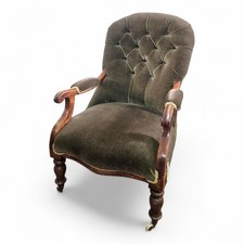 Antique Victorian fireside armchair - button back library chair