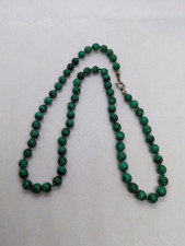 Vintage Malachite Carved Stone Bead Necklace Hand Knotted Green 49cm