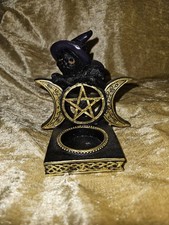 Mystical Witch's Cat Candle Holder Triple Moon Goddess Altar Figurine Magic Art