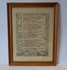 Cambridgeshire Framed Poem By DAG? Vintage Calligraphy Illustrated 12x15" GC