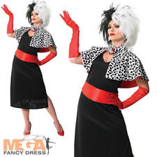 Cruella De Vil Ladies Fancy Dress Disney Villian Adults Halloween Costume + Wig 