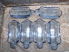 Vintage Indiana Glass Banana Split Dishes Bowls Blue Ice Cream Boat Set of 6