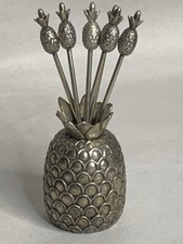 Vintage Pineapple Cocktail Stick Holder with 6 Forks – Silver Plated Barware