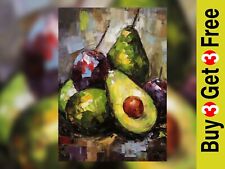 Vibrant Fruit Medley Oil Print, Avocados Pears Plums, Art Matte Paper 5 "x 7"