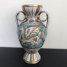 Vintage Italian Textured Studio Pottery Vase Pegasus Horse Green & Gold 25cm H