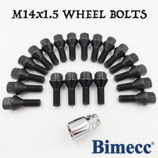 M14x1.5, R13 27mm Wheel Bolts (Bimecc) Black x 16 + Locks For VW Fox, Eos, CC