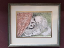 ANTIQUE LOUIS WAIN HAND COLOURED 1912 PRINT  NEW GREEN WOODEN FRAME 26x22CM