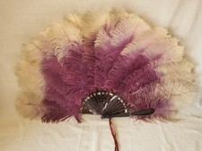 Antique large purple and cream ostrich feather hand fan, faux tortoiseshell
