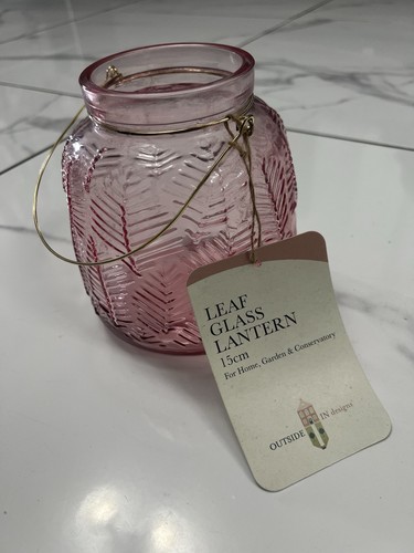 Pink leaf glass lantern 15cm - pink,