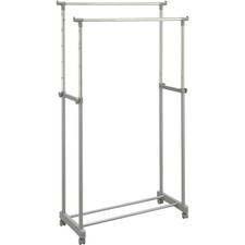 Clothes Rail Double Adjustable Silver Foldable Hanging Rack on Wheels