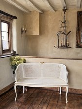 French Vintage Bergere Cane Gold White Ivory Chaise Longue Loveseat Sofa  127 cm