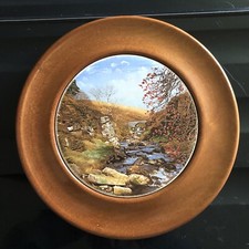 Beautiful Mahogany Wall Plaque With Tile Centre / Autumn Valley Stream /