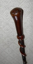 Antique Hardwood Walking Stick - Hand-Carved Snakes & Textured Carved Shaft 90cm