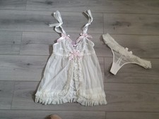 BNWT Vintage La Senza Ivory & Pink Lace Lovely Babydoll & Thong Set Size 16