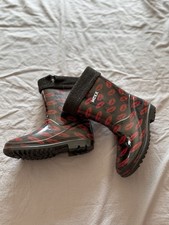 Black & Red Lips Kisses Mexx Wellies Size 10 Fleece Lining Patent Shiny NEW
