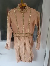 Nude high neck long sleeve studded bandage dress gold bodycon stretchy mini sexy