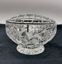 Cut Crystal Rose Bowl Vase With Metal Frog Arranger Etched Pinwheel 10.2cm Width