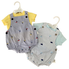 Baby Boys Whale / Boats Dungaree Outfit Cotton Summer Romper & Tshirt Set