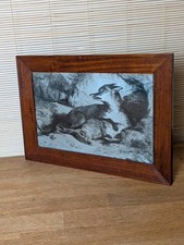 Fox Etch Style Artwork in Vintage Wooden Frame Rabbit Hare Hunt Predator Prey