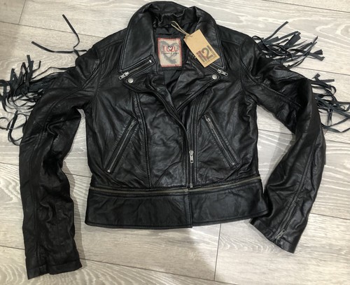 Fringed black leather biker - fringed,