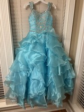 Little Rosie Kids Girls Size 10 Beaded Glitz Long Pageant Dress Turquoise Blue